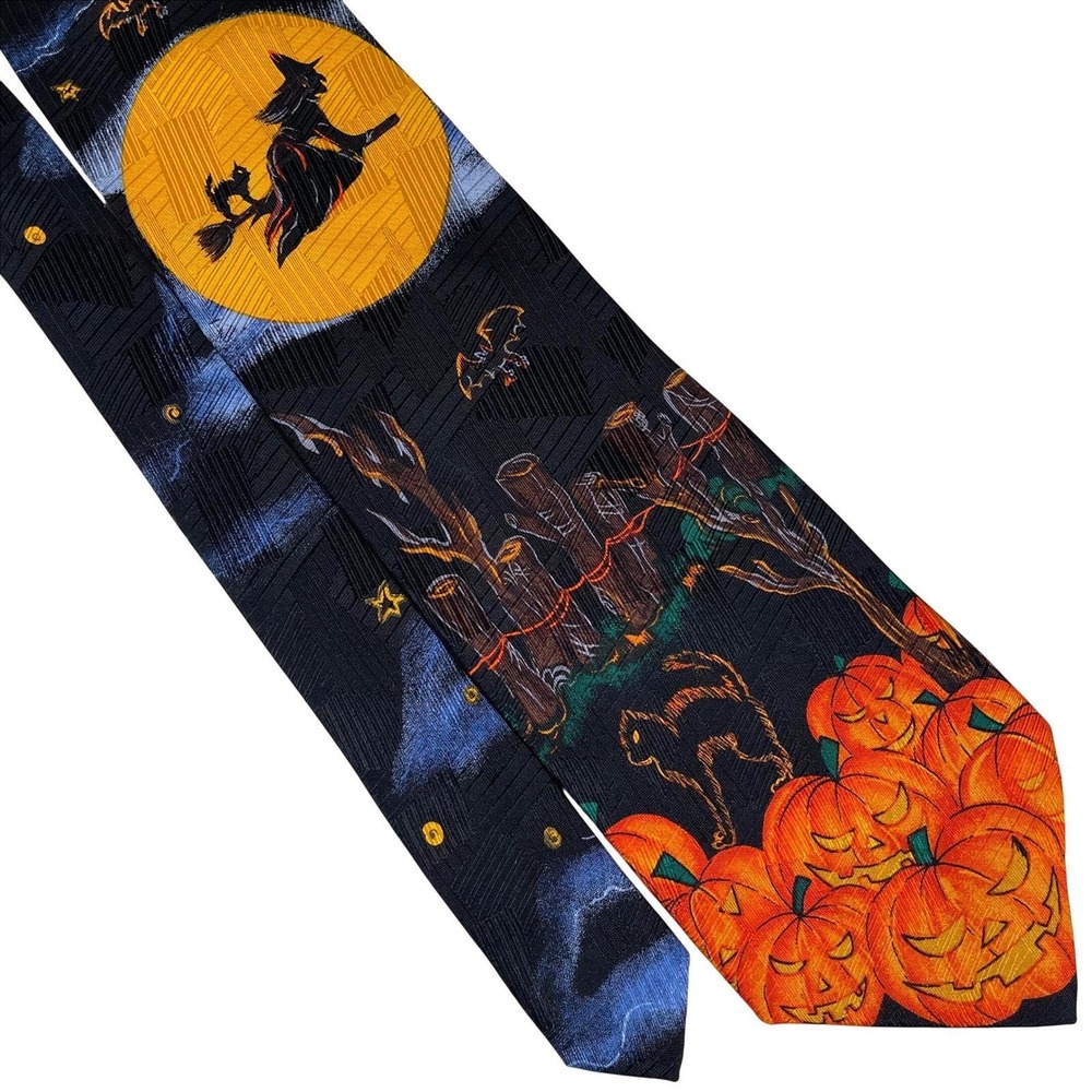 Vintage Addiction Halloween Necktie Tie Black Silk Witch Pumpkin Cat Moon